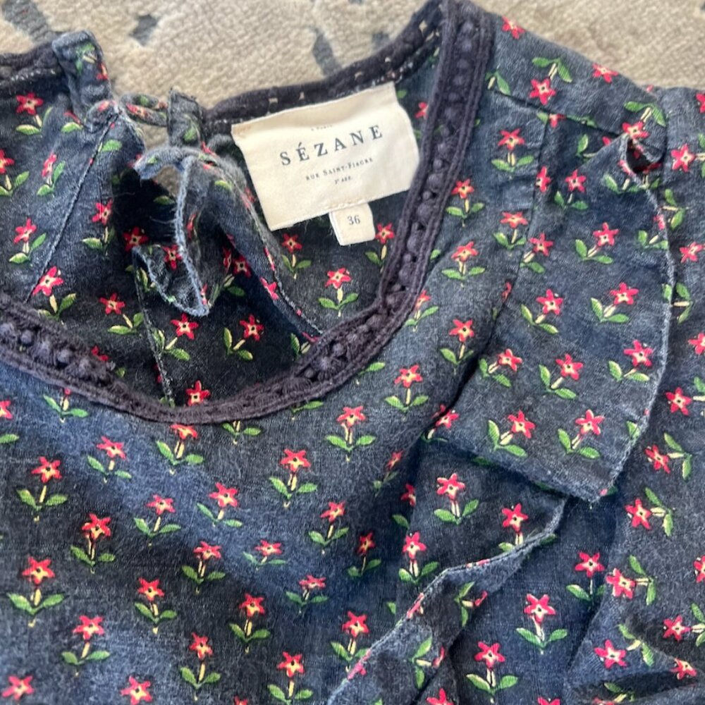 Sezane Navy Cherry print ruffled short sleeve blouse and matching tie skirt